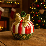 Barattolo a forma di palla rossa con strisce bianche e fiocco dorato altezza 21 cm
