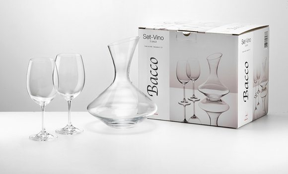 Set Vino 3 Pezzi FADE Bacco - Decanter 1,5L + 2 Calici Vetro Trasparente