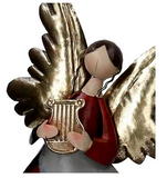 ANGELO IN METALLO CON ARPA ORO E ROSSO