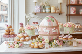 Uovo decorativo rosa Clayre & Eef in vetrina pasticceria primaverile con macarons e fiori