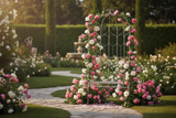 Panchina da giardino in ferro con rose in fiore e petali