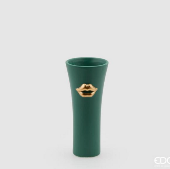 Vaso Kiss Concavo Ceramica Verde Oro H21xD9cm - Vaso Decorativo Moderno