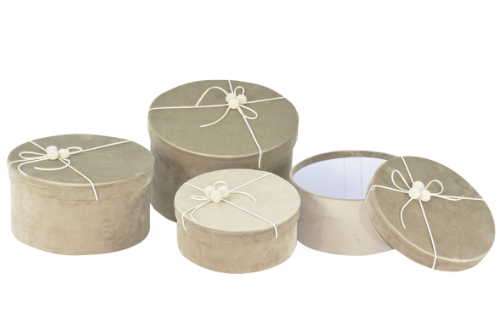 Scatole Velluto Beige con Pon Pon - Set 4 Misure Contenitori Decorativi